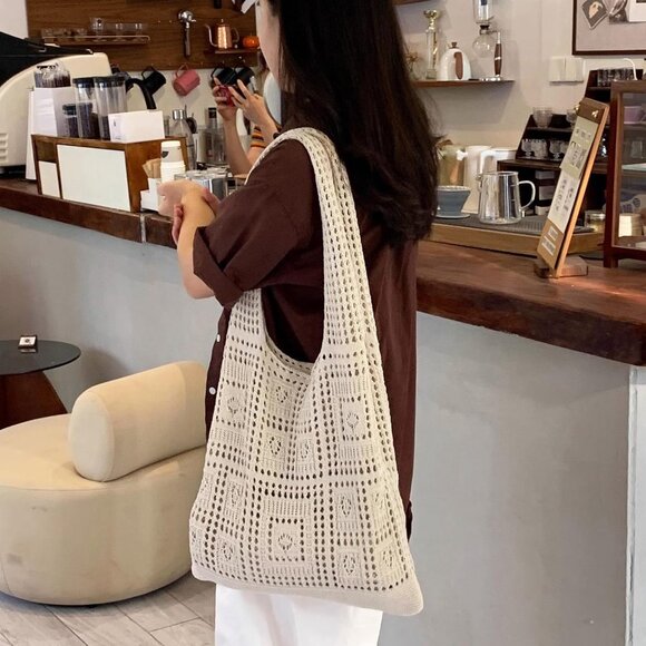 Women's Beige 2 Crochet Bag Cute Mesh Summer Knitted Shoulder Beach Tote Bags - Picture 3 of 7